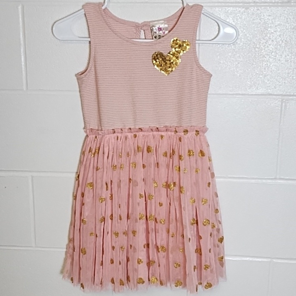 Jenna & Jessie 6X Pink Gold Hearts Sequins Soft Netted Skirt Knit Top Dress